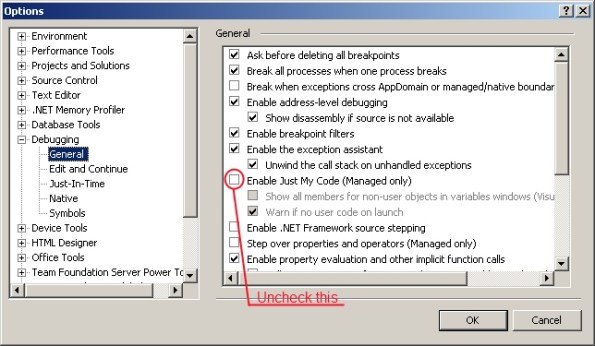 UncheckEnableJustMyCode